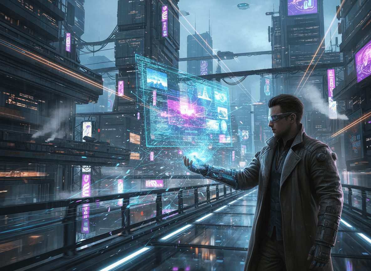 네온 인터페이스가 데이터를 이미지로 변환하여 홀로그램 팔 장치로 다운로드하는 사이버펑크 도시 풍경.