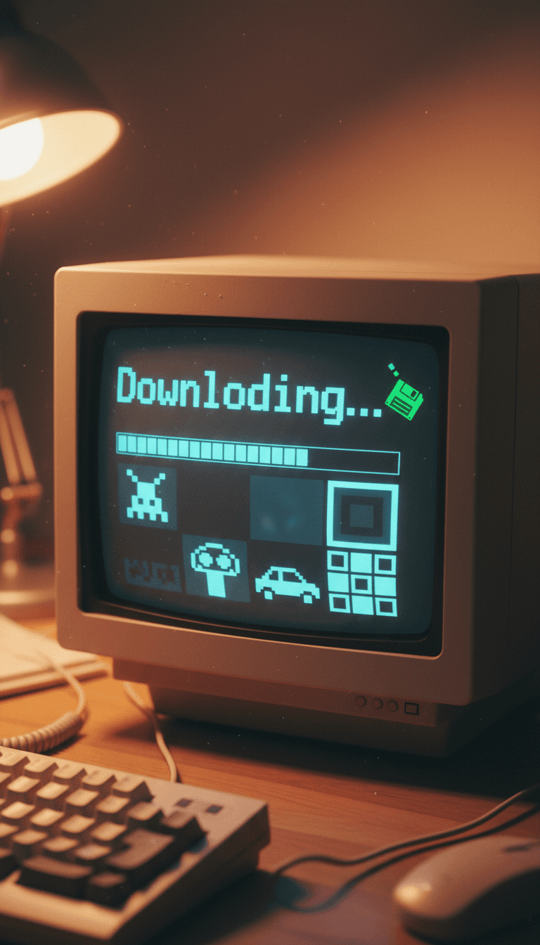 픽셀 아트 스타일의 '다운로드 중...' 메시지와 블록형 이미지가 나타나는 복고풍 컴퓨터 화면.