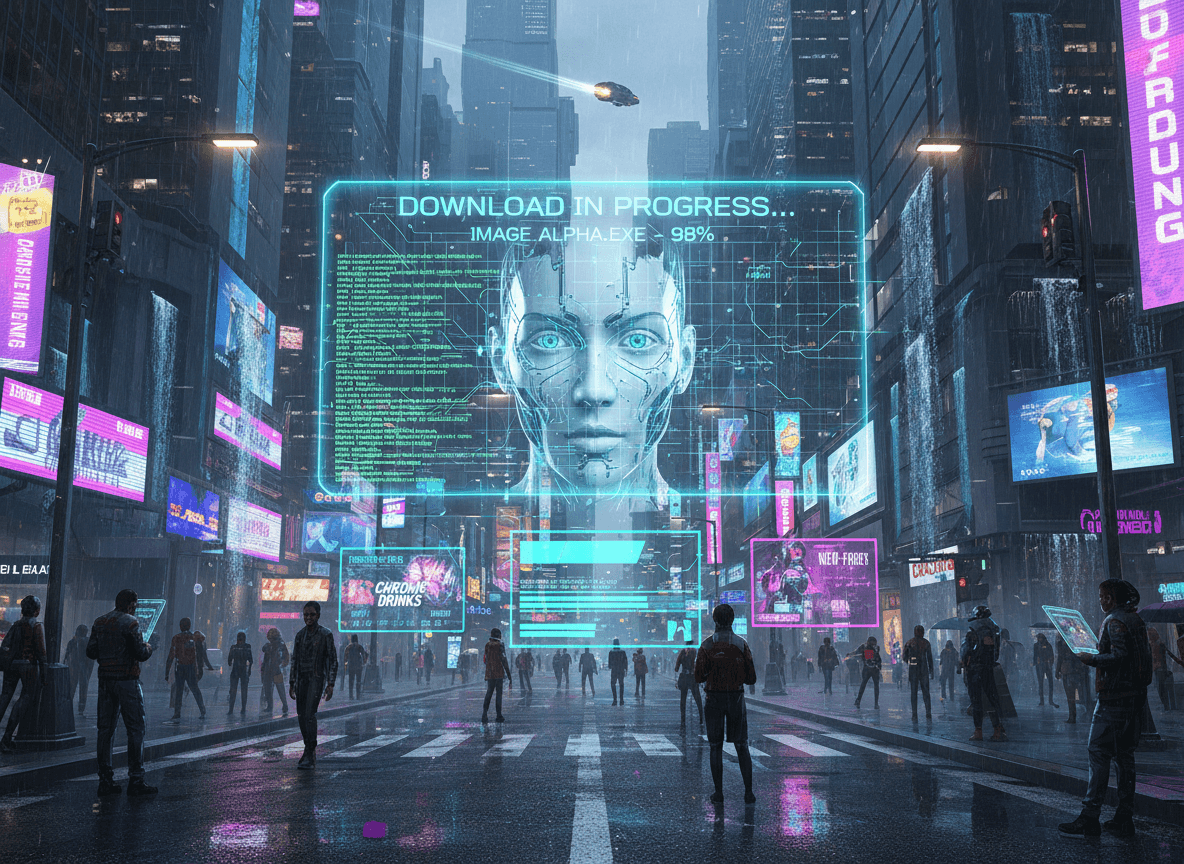 홀로그램 이미지 다운로드가 있는 사이버펑크 거리 풍경.
