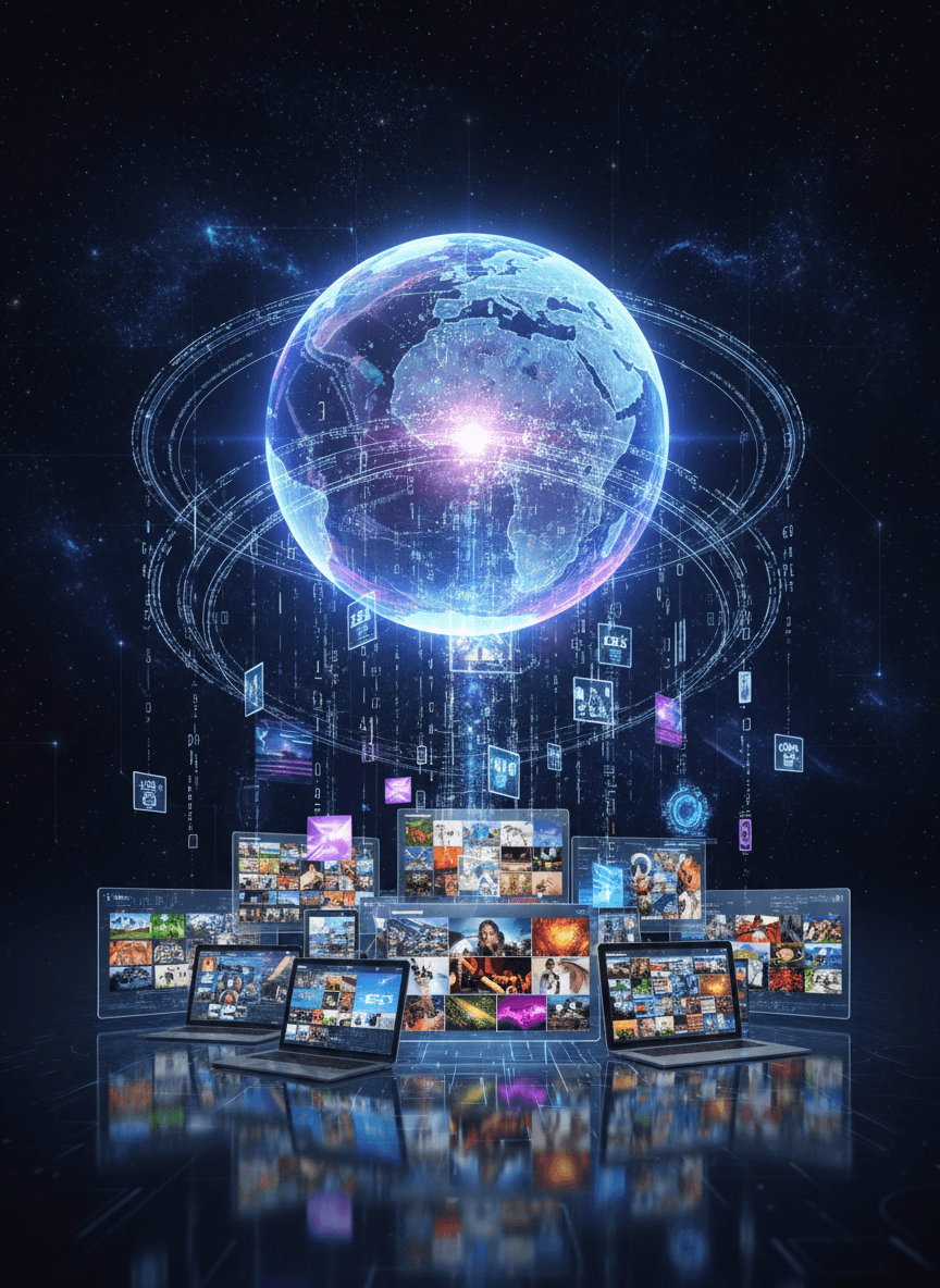 디지털 글로브에서 장치로 데이터 스트림이 방출되며 글로벌 이미지 다운로드를 상징합니다.