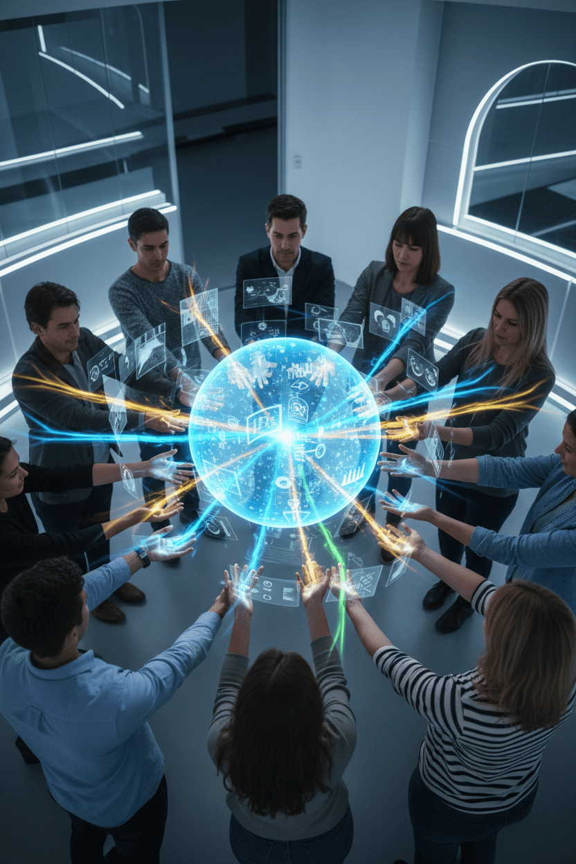 홀로그램 구체에 이미지를 투사하여 다운로드하기 위해 손에서 빛나는 연결로 협력하는 다양한 팀.