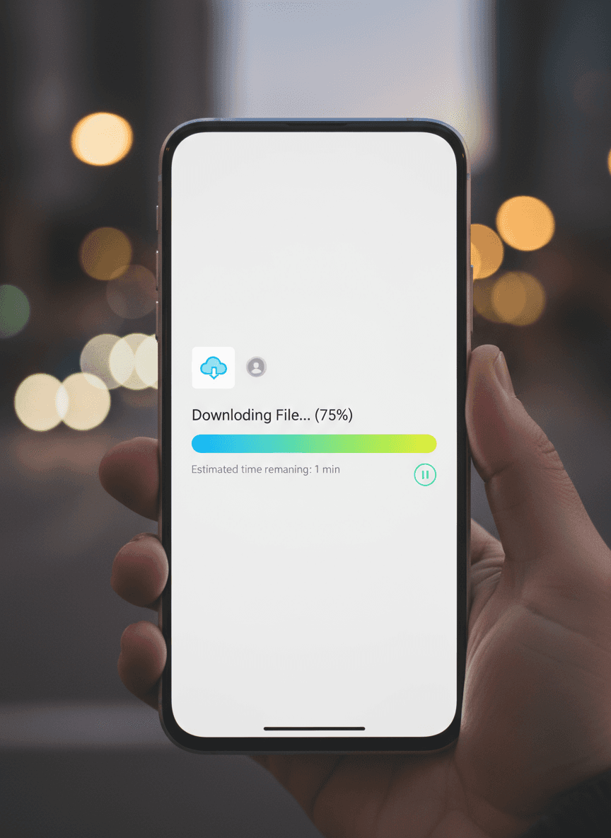 밝은 다운로드 진행률 표시줄과 이미지 썸네일이 보이는 스마트폰 화면 클로즈업.