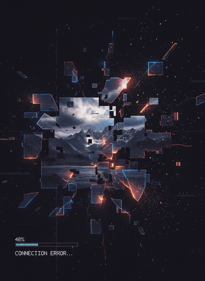 다운로드 중 절반이 완료된 디지털 이미지가 픽셀과 조각으로 깨지며 오류를 시사하는 극적인 장면.