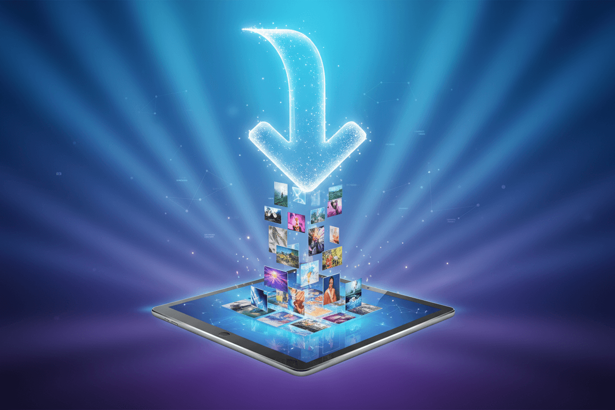 다운로드 화살표와 흐르는 그림으로 표현된 태블릿으로 이미지가 다운로드되는 디지털 그림.