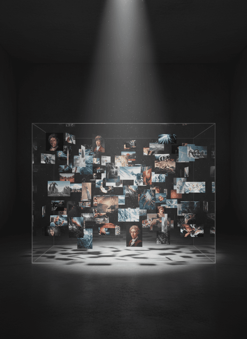 어둡고 미니멀한 방에서 고전적인 초상화부터 환상적인 생명체까지 AI가 생성한 이미지가 빠르게 바뀌는 홀로그램 디스플레이.