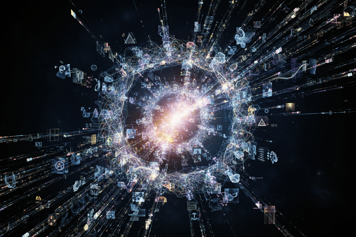 AI의 '마음' 내부에서 이미지가 생성되는 과정: 빛, 에너지, 정보의 복잡한 격자가 흐르며, 생각 과정이 시각으로 변하는 모습.