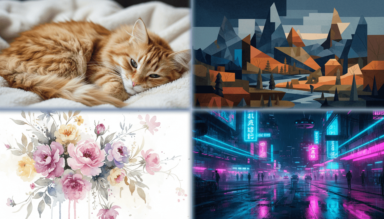AI가 생성한 다양한 예술 스타일(사실적인 고양이, 입체주의 풍경, 수채화 꽃꽂이, 네온 사이버펑크 거리)이 완벽하게 조화된 복합 이미지.