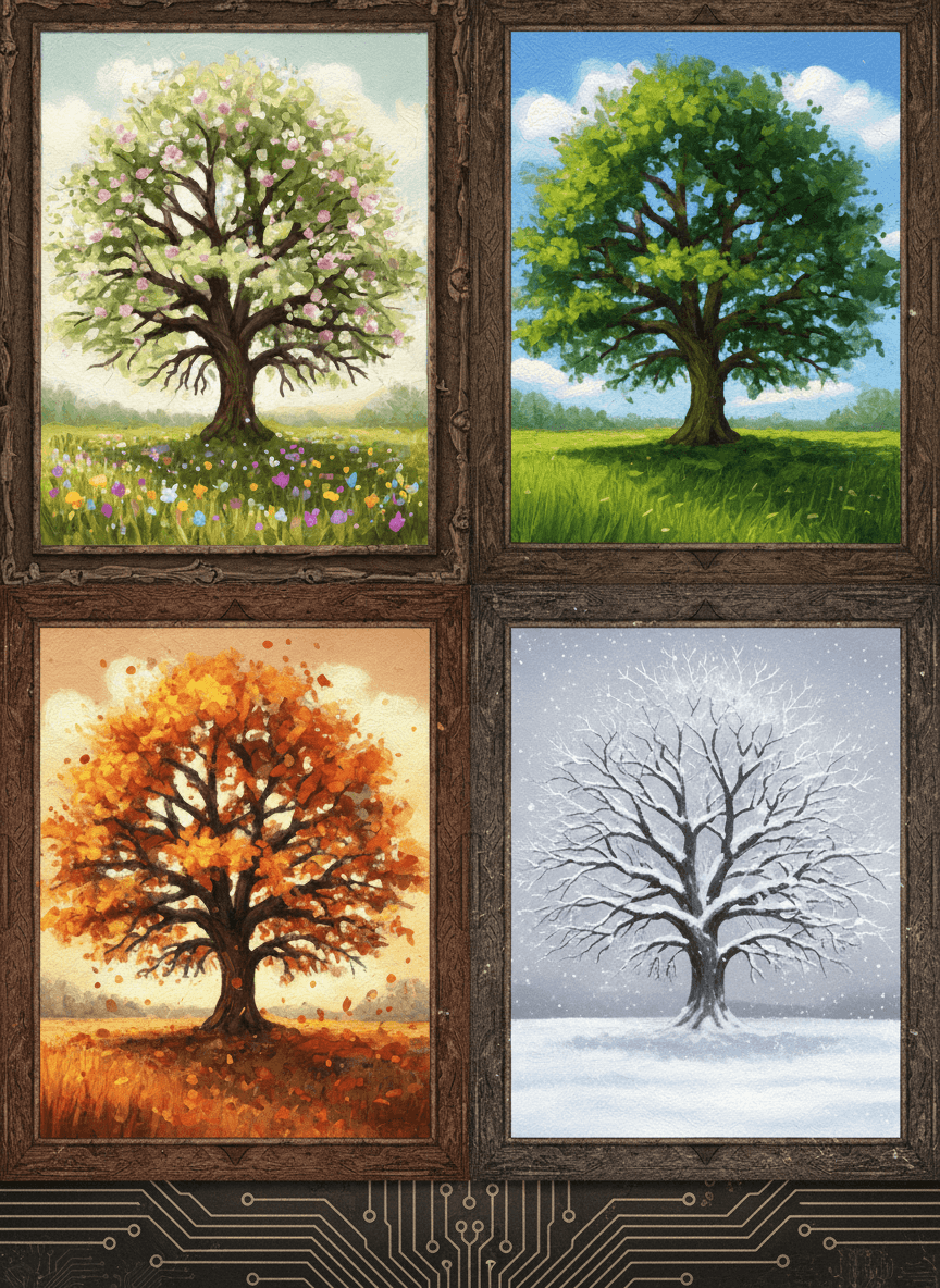 AI가 생성한, 사계절이 다른 한 그루 나무의 4분할 이미지.