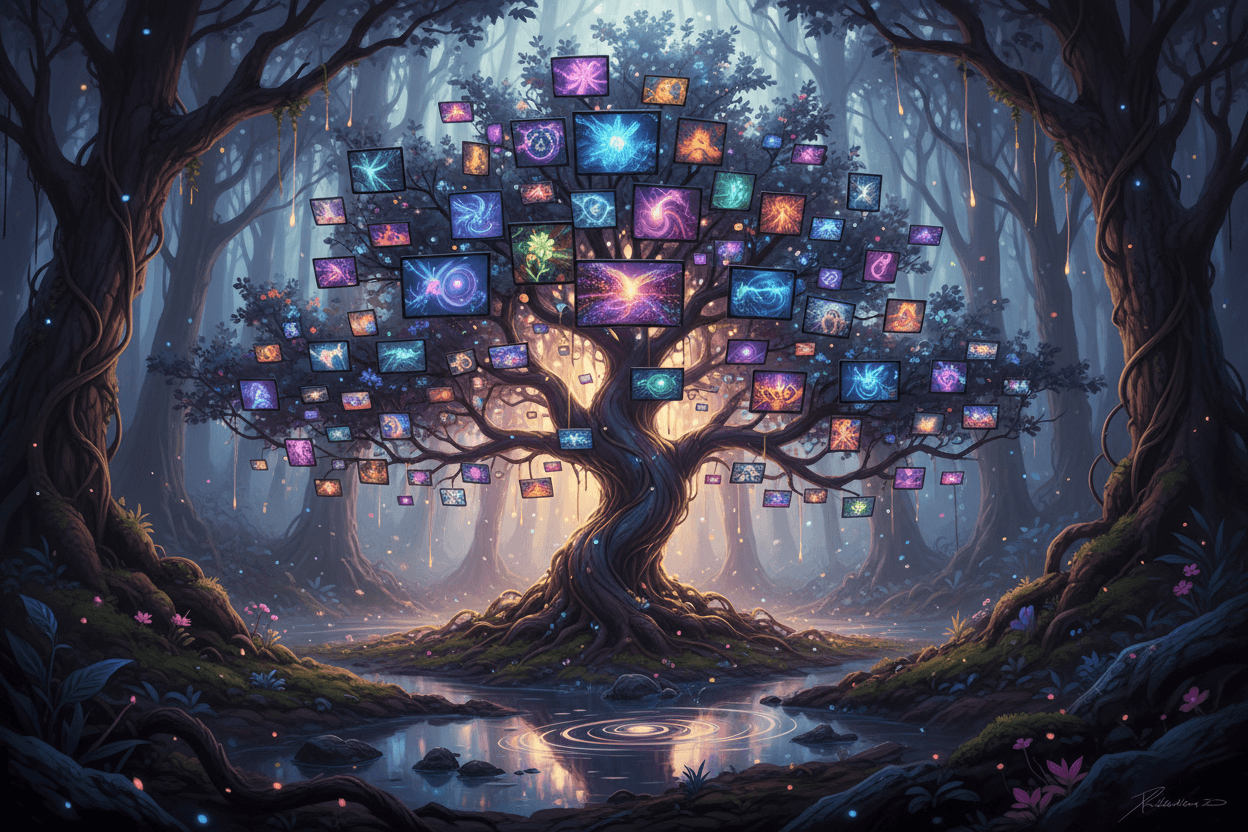 작고 진화하는 이미지로 만들어진 잎사귀를 가진 마법의 빛나는 나무, 각 잎은 AI가 만든 독특한 작품.