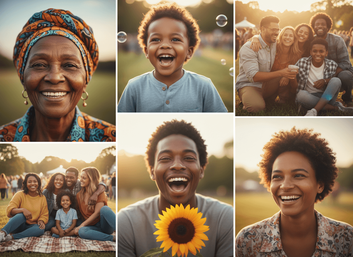 긍정적인 감정과 기쁨을 불러일으키도록 AI가 생성한 다양한 이미지 모음.