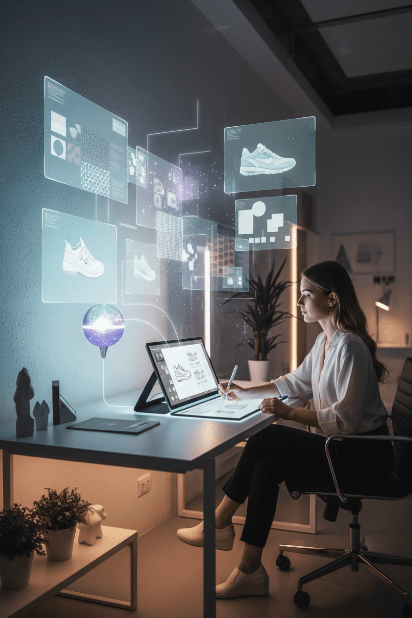 디자이너와 AI 어시스턴트가 협력하여 이미지를 생성하고 개선하는 모습.