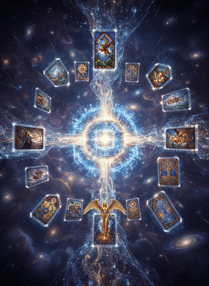 빛나는 AI 코어가 형성되지 않은 원시 이미지의 흐름을 낳고, 이 이미지들이 즉시 다양하고 아름다운 예술 작품으로 굳어지는 우주적 '창세기' 순간.