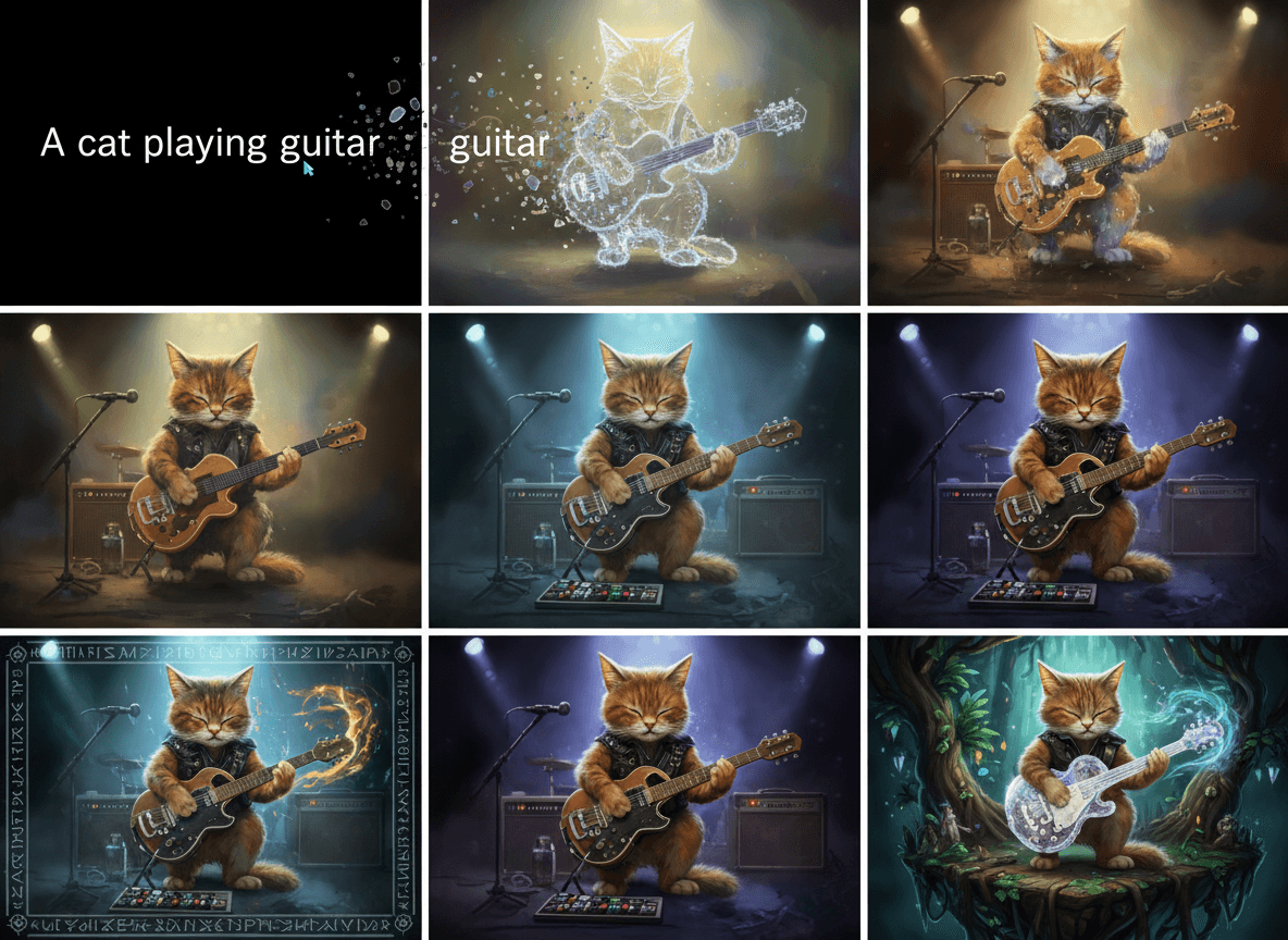 텍스트 프롬프트가 상세하고 스타일리시한 이미지로 변형되는 모습으로, 텍스트-이미지 AI를 보여줍니다.