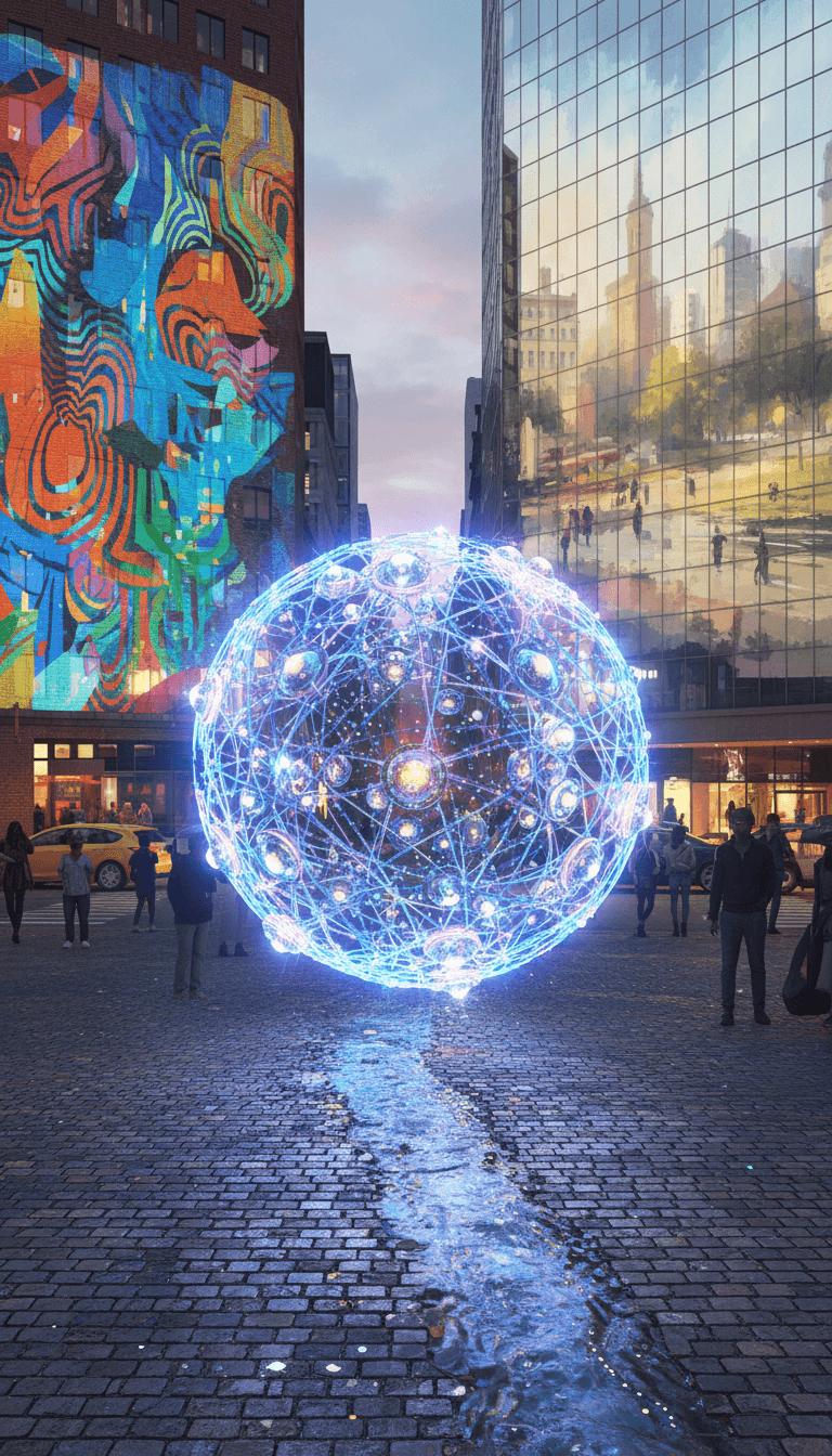 여러 눈 센서를 가진 빛나는 구형 AI 캐릭터가 주변을 관찰하며 추상화에서 인상파까지 실시간 투영으로 아름다운 예술적 해석을 렌더링한다.