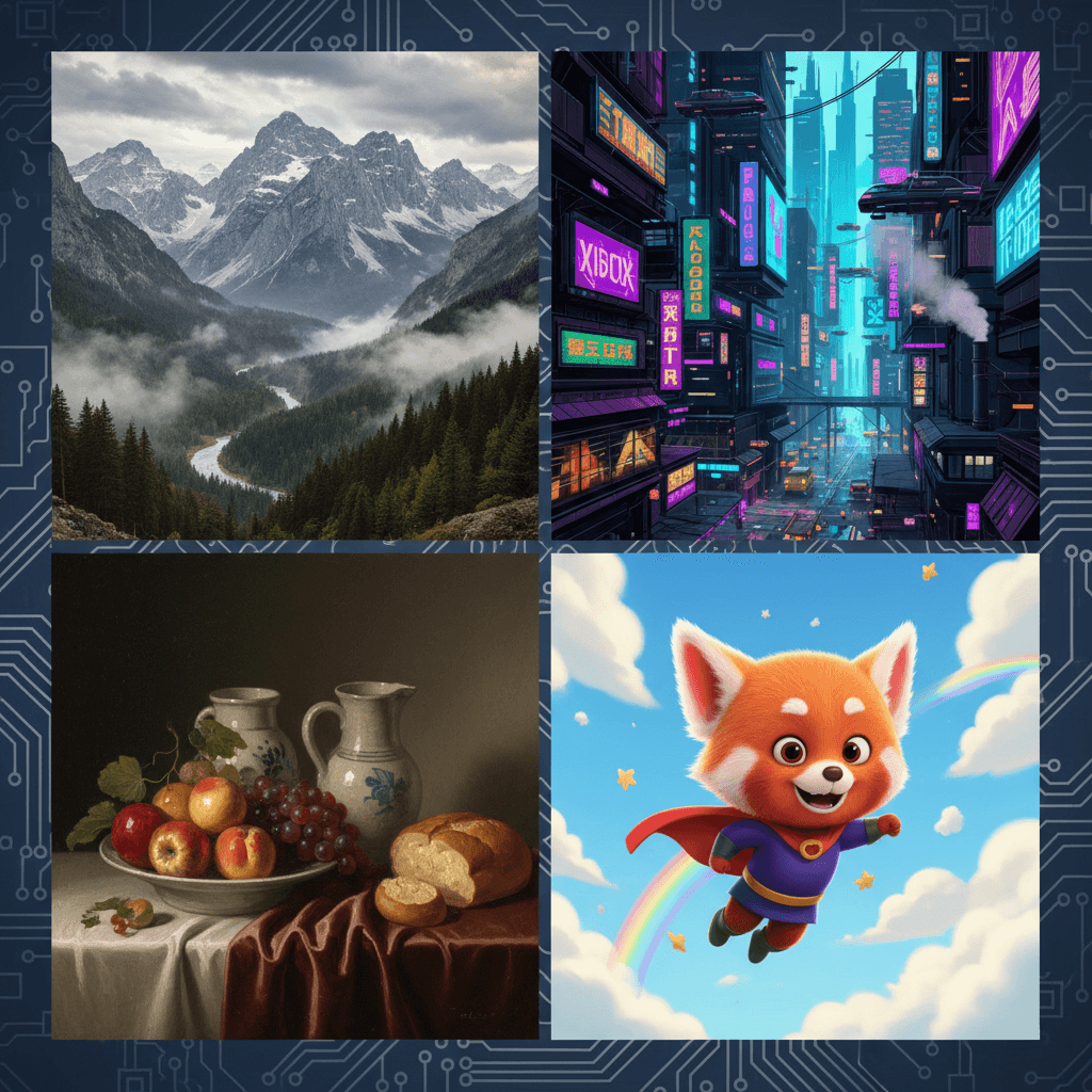 사진처럼 사실적인 그림부터 만화까지 다양한 AI 생성 예술 스타일을 보여주는 콜라주.