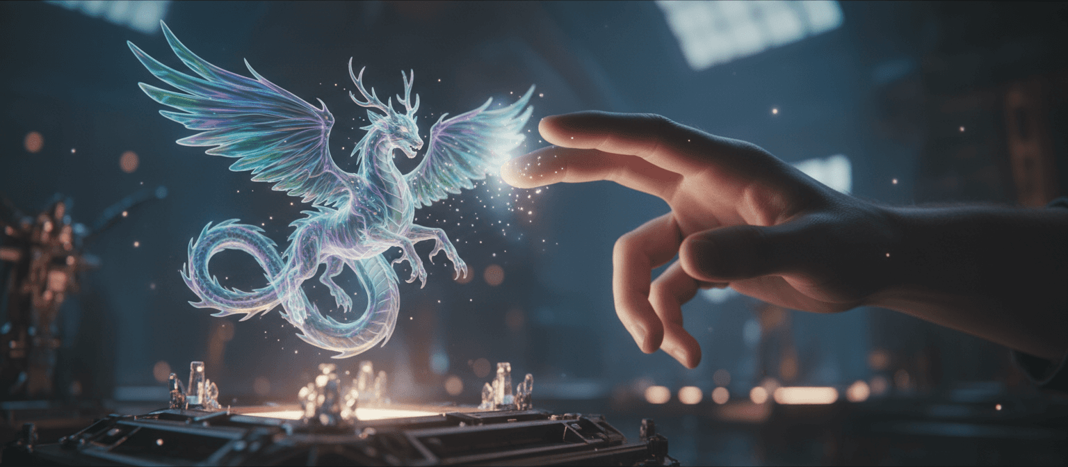 인간의 손이 AI가 만든 환상적인 생물의 홀로그램 이미지를 만지는 모습.