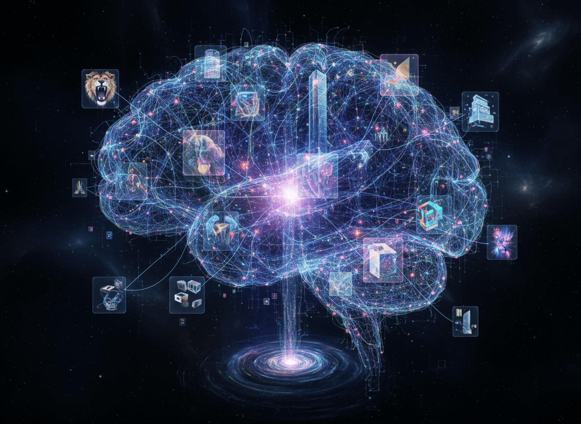 뇌를 닮은 빛나는 신경 경로 네트워크가 다양한 이미지를 생성하며, 생성형 AI 모델을 보여주는 모습.