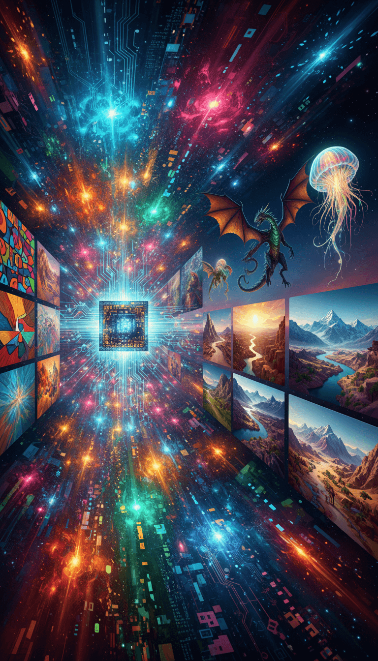 디지털 소용돌이에서 다양한 이미지를 생성하는 AI 코어.