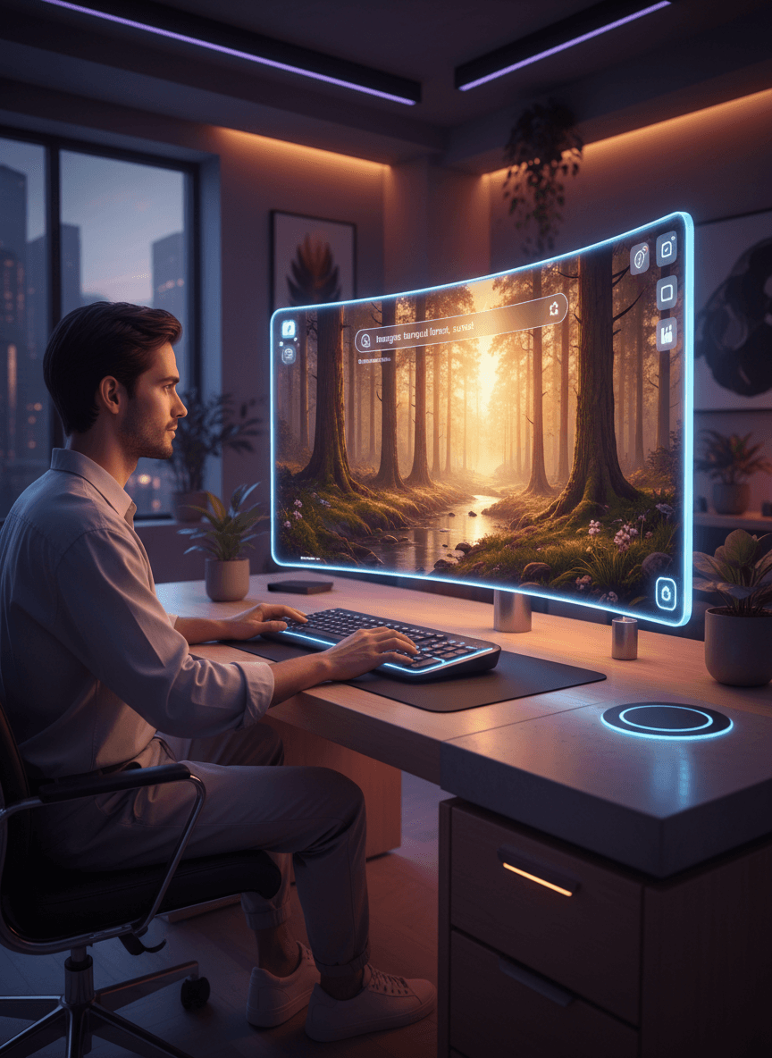 사용자가 AI 인터페이스를 통해 일몰 숲 이미지를 생성하는 모습.