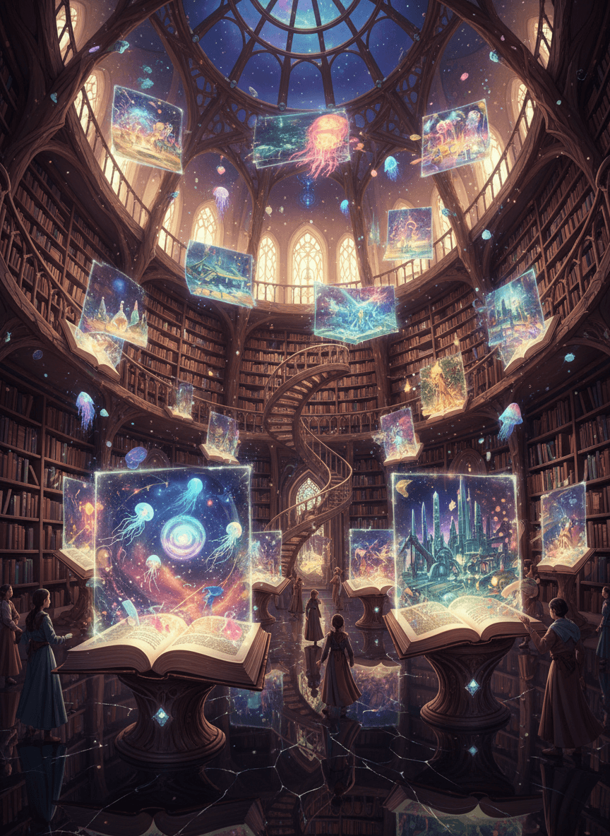 신비로운 도서관에 숨겨진 AI가 만든 역동적인 살아있는 이미지를 책 페이지에서 투사하는 모습.