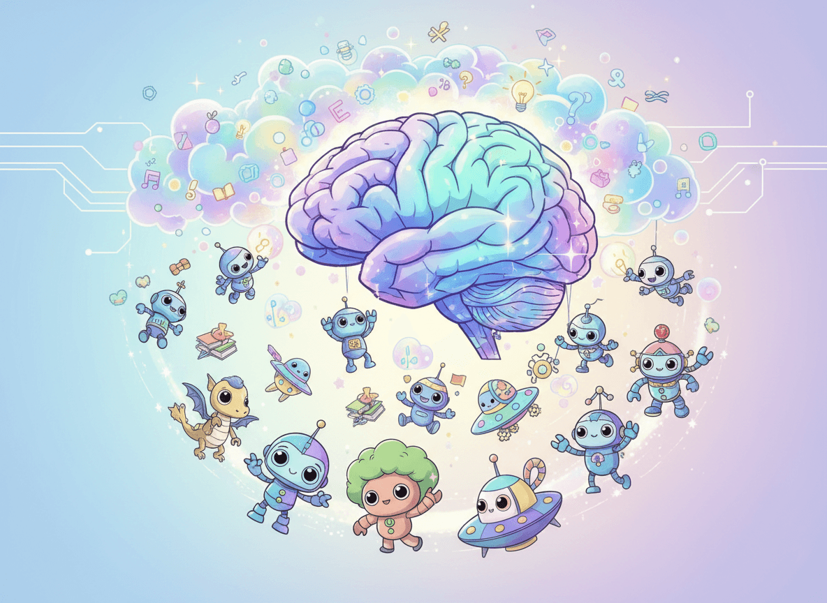 추상적인 AI 뇌 위에 떠 있는 '생각 구름' 이미지, 작은 로봇(알고리즘을 상징)들이 구름에서 아이디어를 뽑아내어 구체적이고 유쾌한 만화 캐릭터로 조립하는 모습.