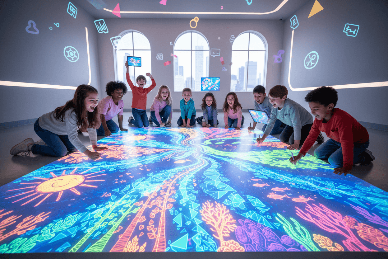 아이들이 바닥에 투사된 인터랙티브 프로젝션과 상호 작용하며, 자신들의 그림이 AI에 의해 즉시 복잡한 애니메이션 장면으로 변환되는 모습.