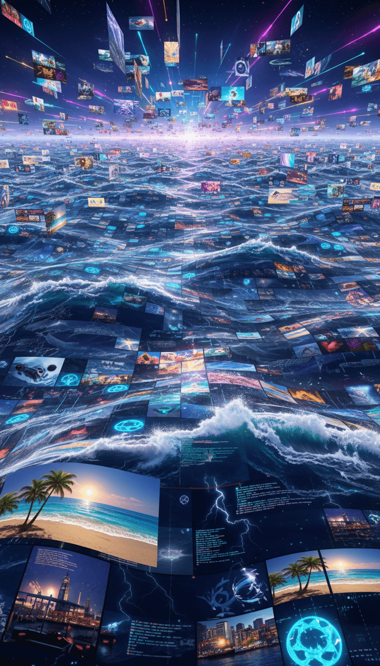 각 파도가 서로 다른 AI 생성 이미지(예: 고요한 해변, 폭풍우 치는 바다, 번잡한 항구)로 이루어진 광대한 디지털 바다, 끊임없이 변화하고 재형성되며 AI 창의성의 무한한 본질을 상징한다.