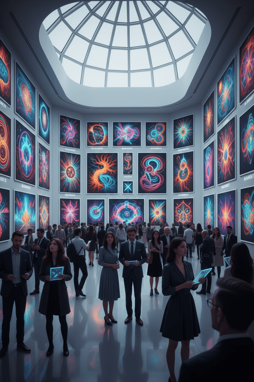 번화한 미술관에 전시된 그림들이 모두 생동감 넘치고 외계적이며 불가능한 이미지로, 'AI 아티스트 X'의 작품으로 소개되어 관람객들이 그 혁신에 감탄하고 있다.
