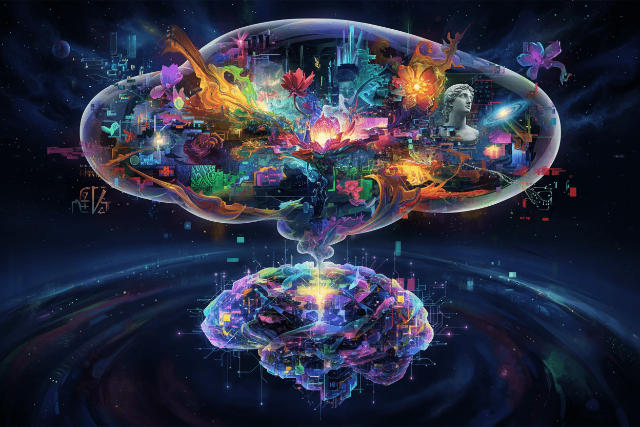 추상적인 AI 개체 위에 역동적인 질감, 색상, 형태의 콜라주로 가득 찬 '생각 풍선'이 끊임없이 변화하며 응집력 있는 이미지로 해결되어 AI의 아이디어 구상을 표현한다.