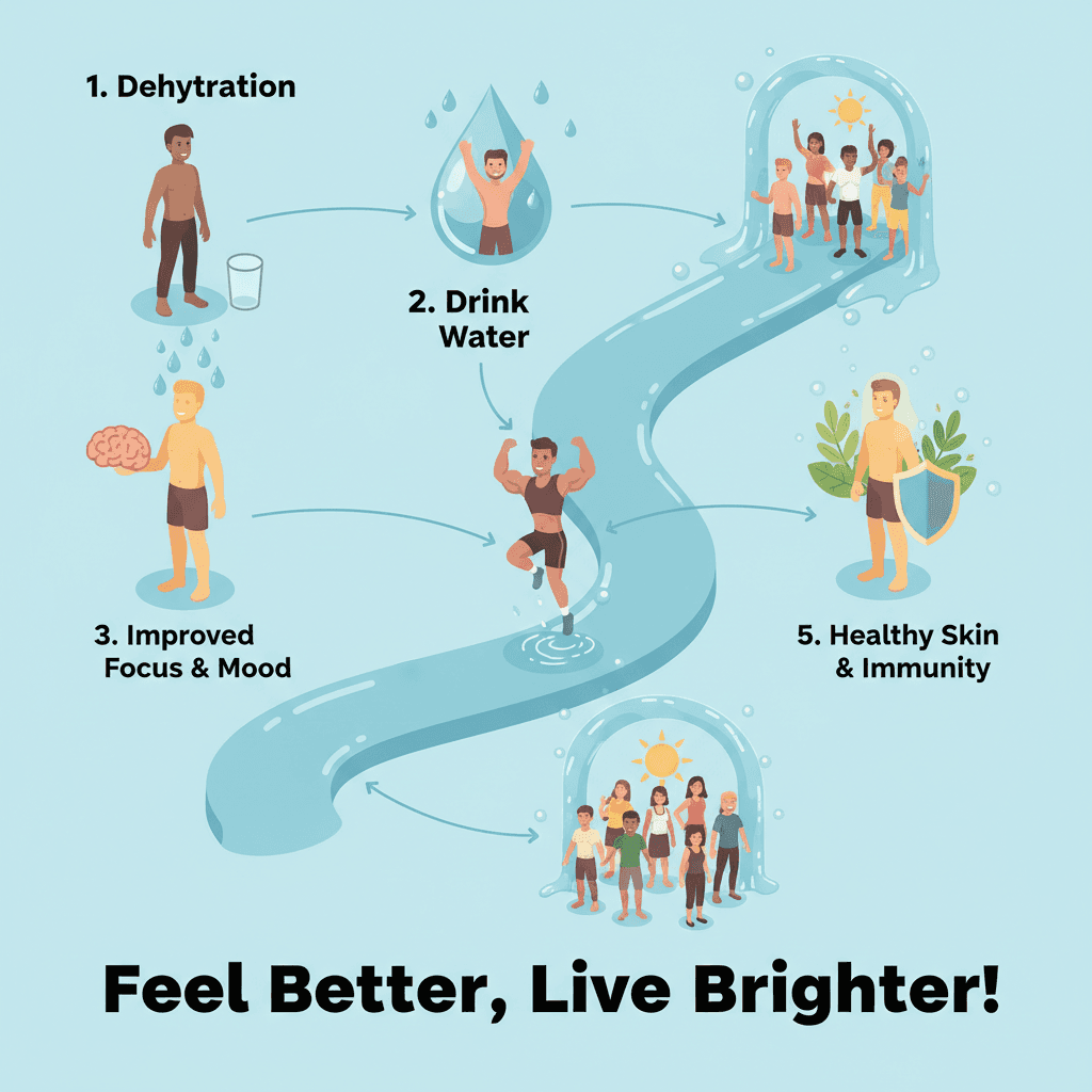 물방울과 사람 형상을 사용하여 수분 섭취의 이점을 보여주는 아이소메트릭 인포그래픽.