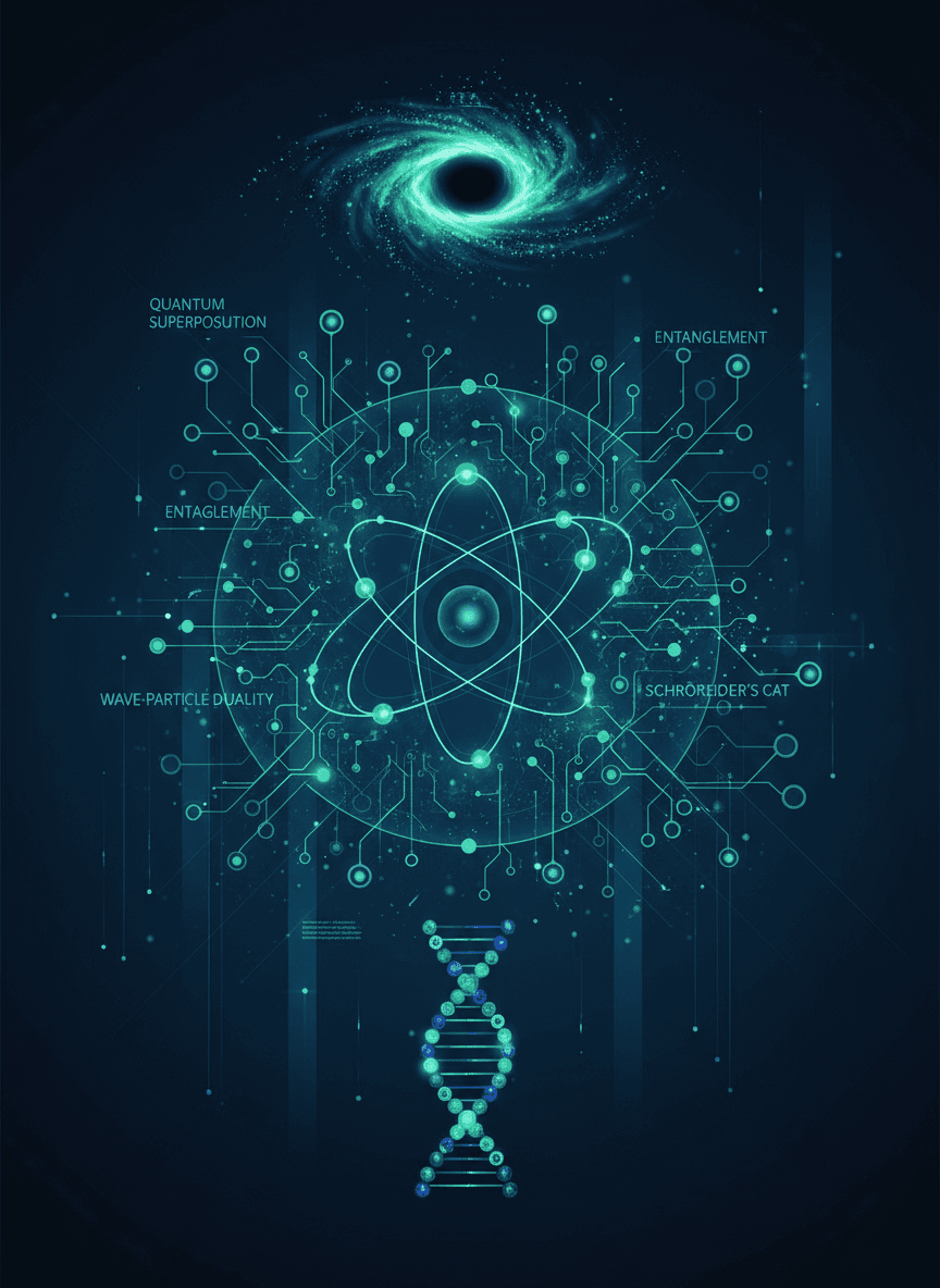 분자 구조와 빛 효과로 양자 물리학 개념을 설명하는 추상적인 인포그래픽.