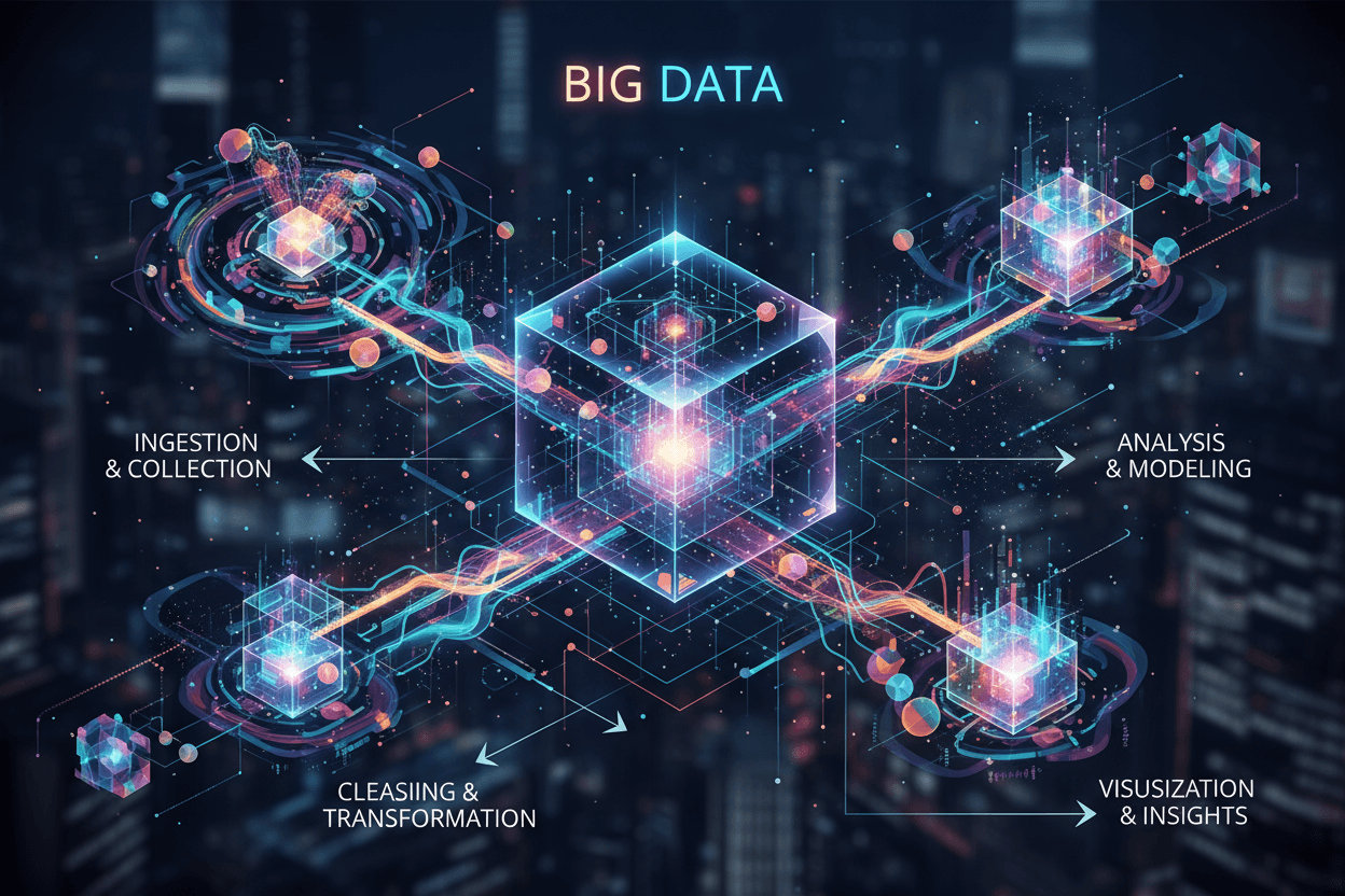 소용돌이치는 상호 연결된 노드와 생생한 디지털 효과로 빅데이터 처리를 보여주는 추상적인 인포그래픽.