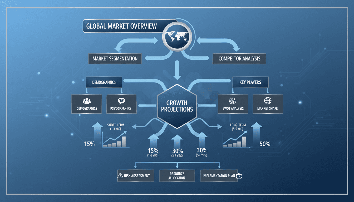 시장 분석 및 성장 전망을 담은 복잡한 비즈니스 전략 인포그래픽.