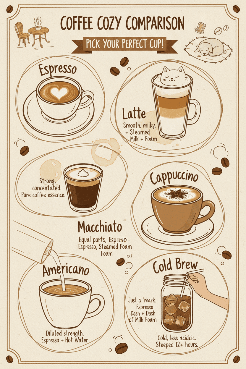 손으로 그린 그림으로 다양한 커피 종류를 비교하는 재미있는 인포그래픽.