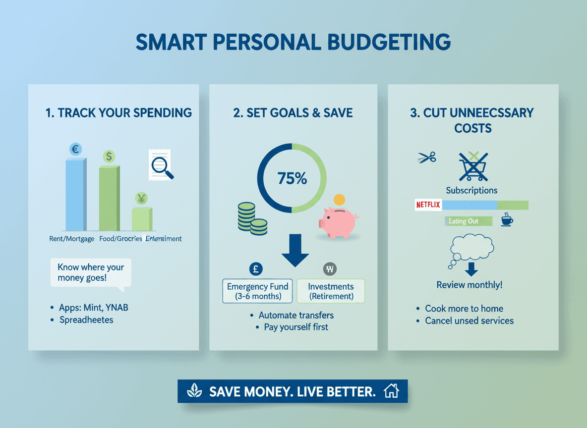화폐 아이콘과 막대 차트로 개인 예산 관리 팁을 제공하는 현대적인 인포그래픽.