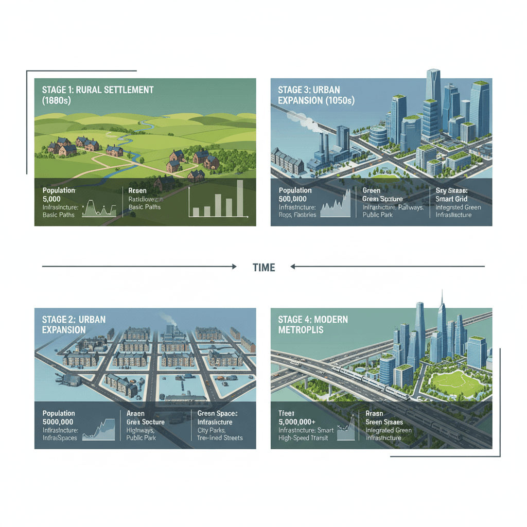 인구, 인프라 및 녹지 공간의 오버레이와 함께 농촌에서 대도시로 변모하는 도시 개발 단계를 보여주는 인포그래픽.