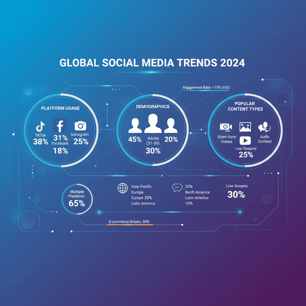 플랫폼 아이콘, 인구 통계 데이터 및 동적인 디지털 디자인으로 글로벌 소셜 미디어 트렌드를 분석하는 인포그래픽.