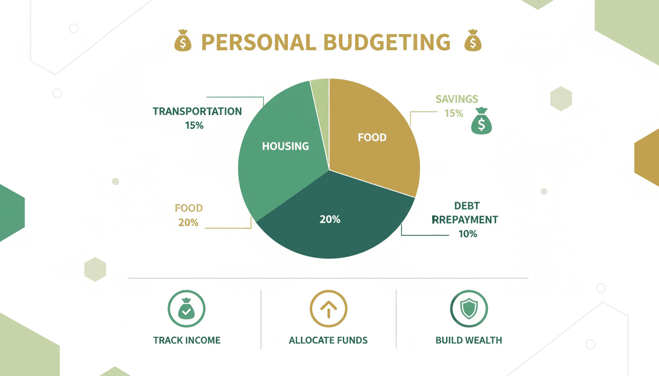원형 차트와 돈 아이콘으로 개인 예산 책정을 설명하는 금융 리터러시 인포그래픽.