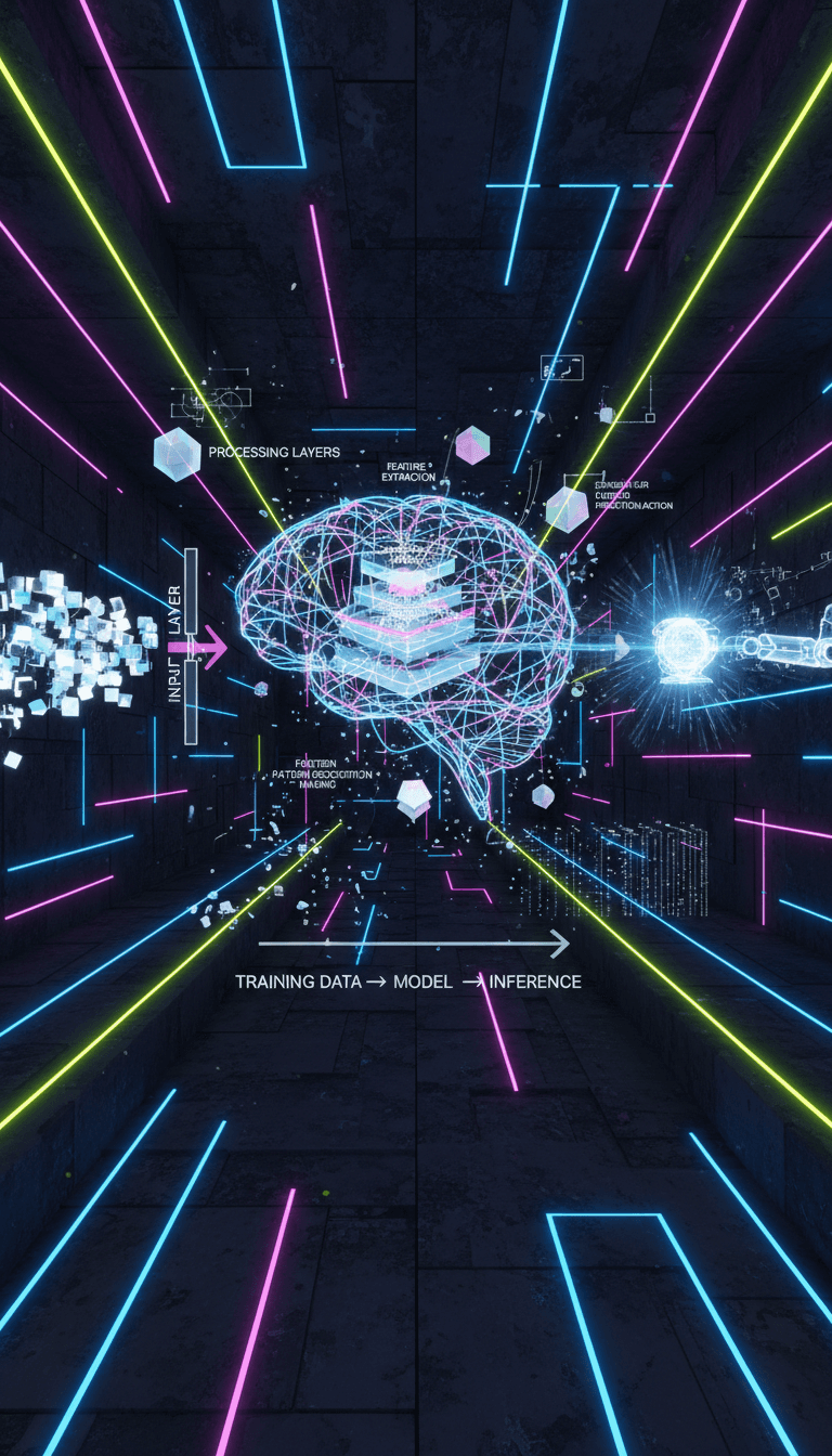 네온 강조와 함께 AI 학습 과정을 보여주는 미래지향적 기술 인포그래픽.