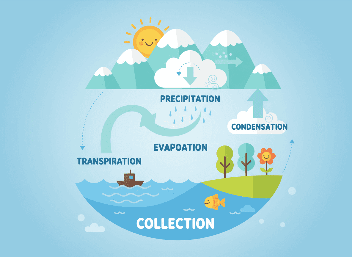귀여운 카툰 요소를 사용해 물의 순환을 설명하는 교육용 인포그래픽.