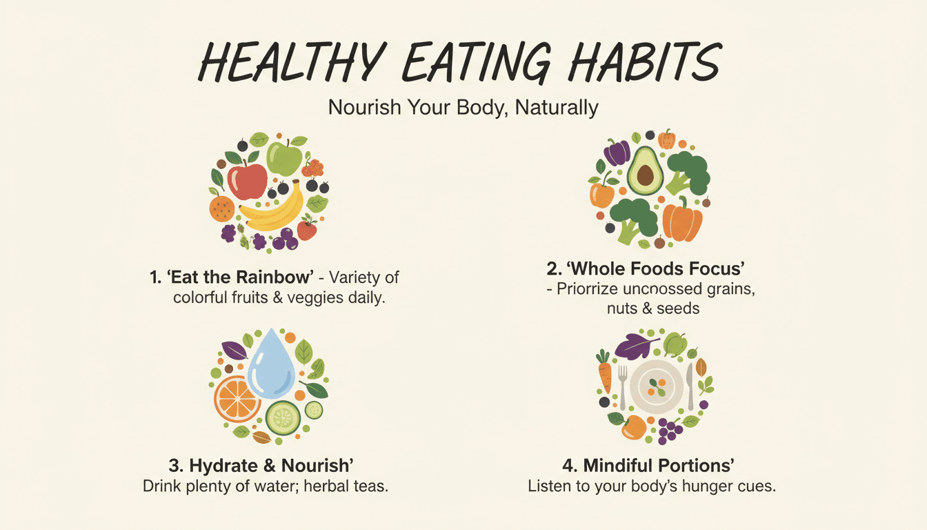 유기농 아이콘으로 건강한 식습관을 다룬 미니멀한 건강 및 웰니스 인포그래픽.