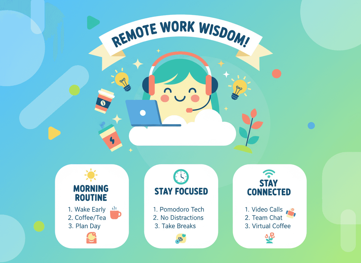캐릭터 삽화가 포함된 원격 근무 생산성 팁에 대한 밝고 유쾌한 플랫 디자인 인포그래픽.