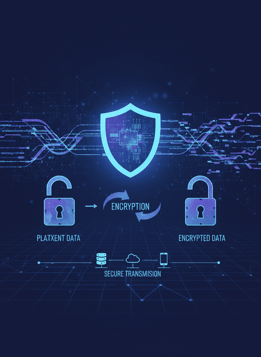 디지털 회로 패턴으로 데이터 암호화를 설명하는 사이버 보안 인포그래픽.