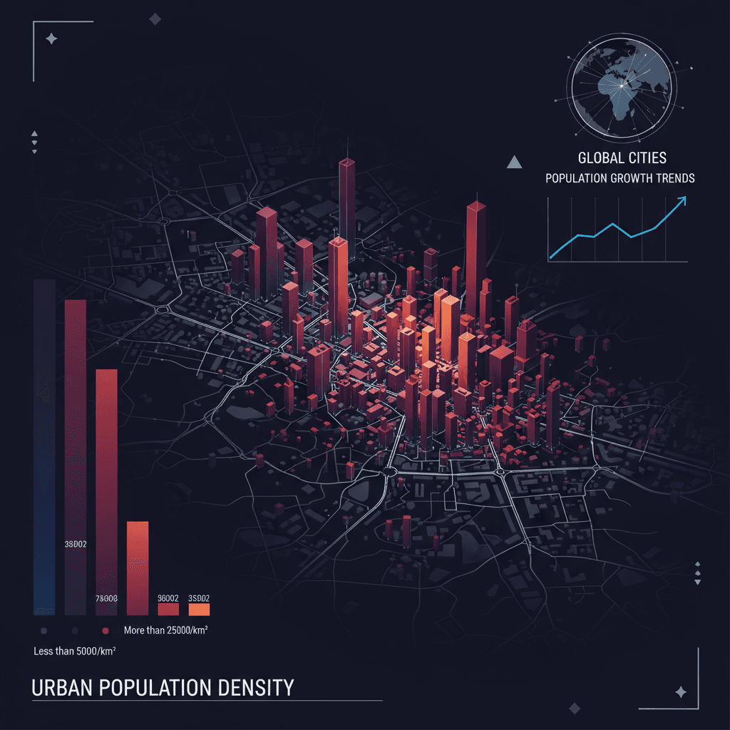 양식화된 건물 아이콘으로 도시 인구 밀도를 보여주는 도시 테마 인포그래픽.