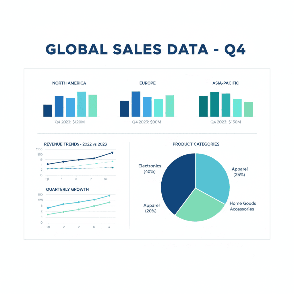 시원한 파란색과 초록색 톤으로 글로벌 4분기 판매 데이터를 시각화한 막대, 원형, 선 차트가 포함된 현대적인 인포그래픽.