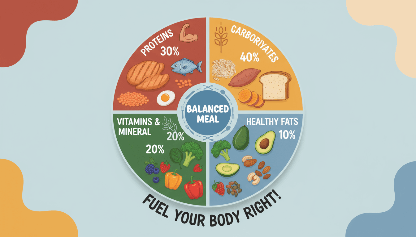 아이콘과 백분율로 단백질, 탄수화물, 지방, 비타민으로 균형 잡힌 식사를 나누는 식욕을 돋우는 인포그래픽.