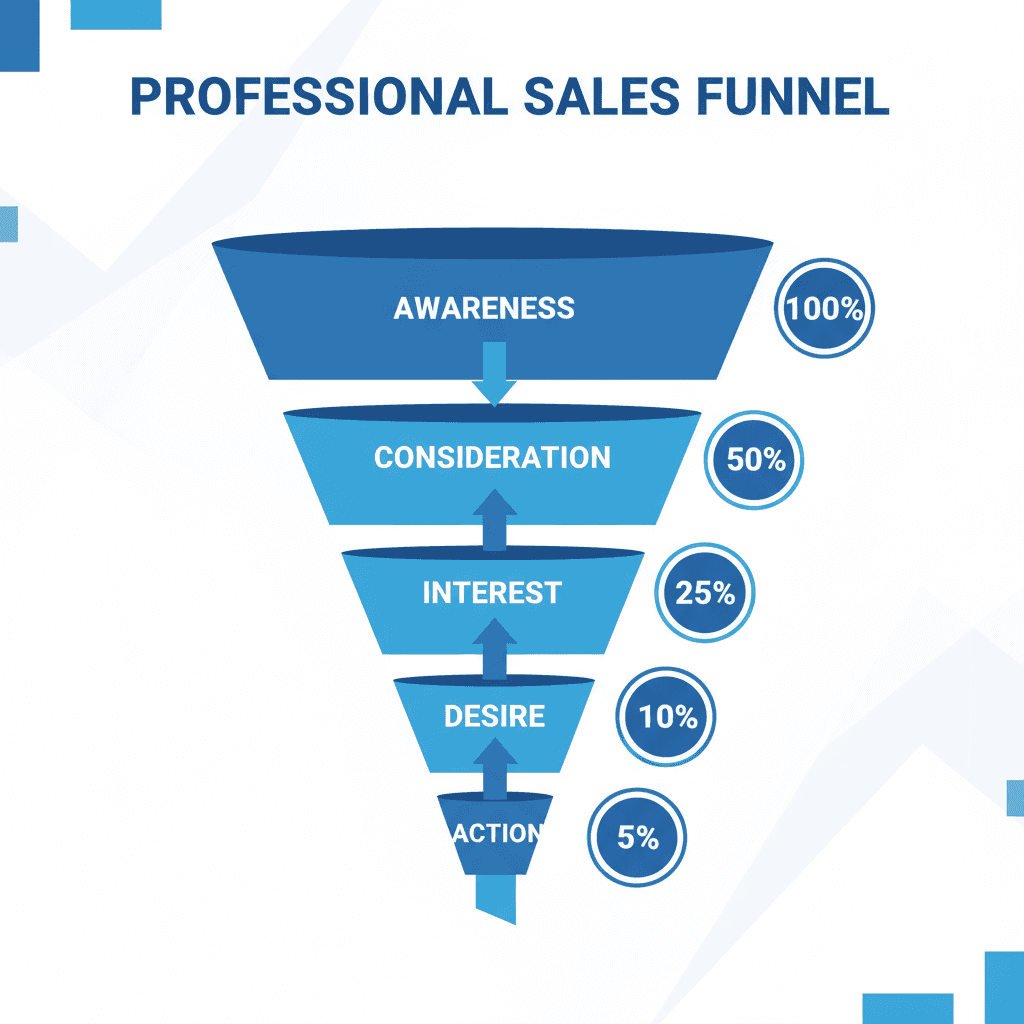 명확한 단계와 전환율이 있는 전문적인 세일즈 퍼널 인포그래픽.