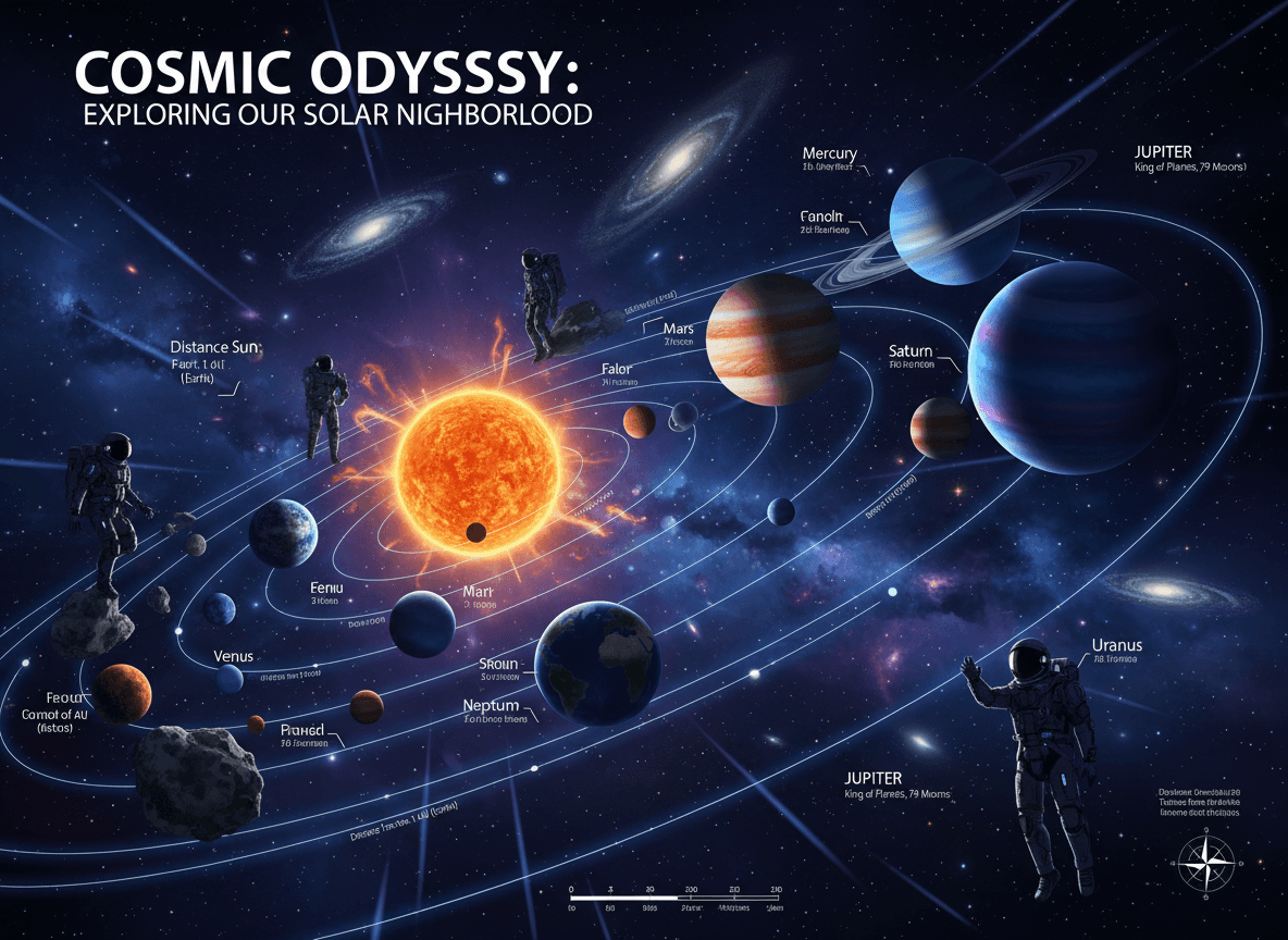 태양계와 심우주 색상을 시각화한 웅장한 우주 탐사 인포그래픽.