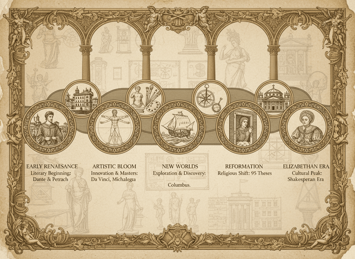 클래식 예술과 세피아 톤으로 르네상스의 주요 사건을 나타내는 우아한 타임라인 인포그래픽.