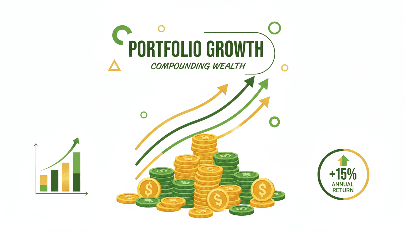 라인 그래프와 코인 아이콘으로 투자 포트폴리오 성장을 보여주는 금융 인포그래픽.